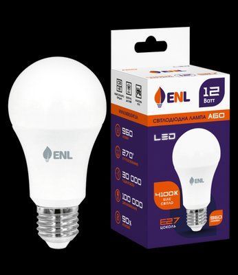 Лампа світлодіодна ENL A60 12Вт 4100K E27 A60E2712ENLN для комфортного освітлення житлових та робочих приміщень A60E2712ENLN фото