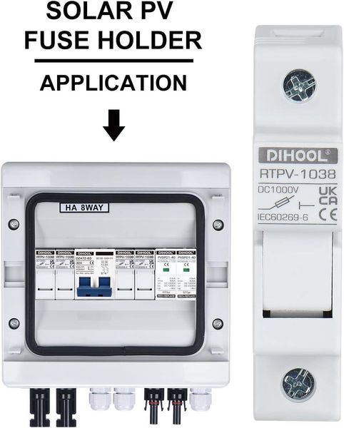 Набор держатели предохранителя 10x38 1Р 32Ах4шт и Fuse 20Aх6шт PV 1000V DC 20 kA с din-рейкой DIHOOL 1038x4 Fuse 20Ax6 фото