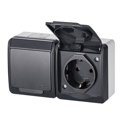 Розетка накладна з крашкою с/з 2-я, Антрацит IP44 Elektro-Plast Hermes 0325-07 0325-07 фото