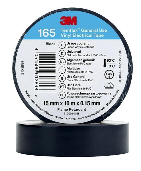 Изоляционная лента 3M черная ПХВ 15х 0,15мм х10м, 10 рулонов огнестойкий black TEMFLEX 165 3M&trade; 71001847100m фото