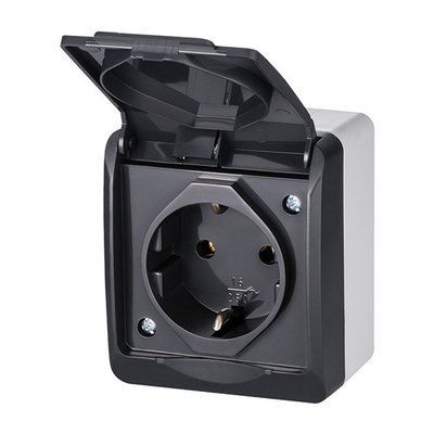 Розетка накладна з кришкою с/з 1-я, Антрацит IP44 Elektro-Plast Hermes 0324-07 0324-07 фото