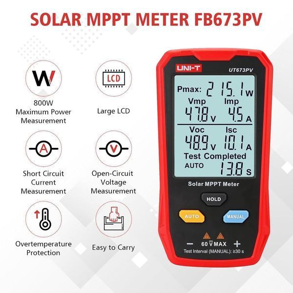 Тестер сонячних панелей UT673PV 800 Вт фотоелектричний MPPT мультиметр з РК-дисплеєм UT673PV фото
