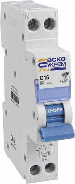 Устройство защитного отключени с защитой от сверхтоков UTrust 1P+N (18mm) 16А C 30mА A АСКО-УКРЕМ A0010210153 A0010210153 фото