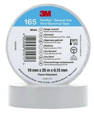 Ізоляційна стрічка 3M вінілова 19мм x 25метрів біла 90&deg; до 600V 3M&trade; Temflex&trade; 165 7100184818 фото