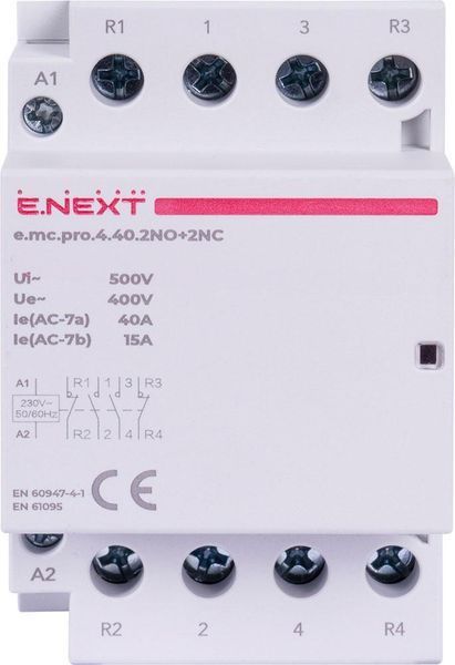 Модульный контактор e.mc.pro.4.40.2NO+2NC, 4р, 40А, 2NO+2NC, 220В Е.NEXT p005230 p005230 фото